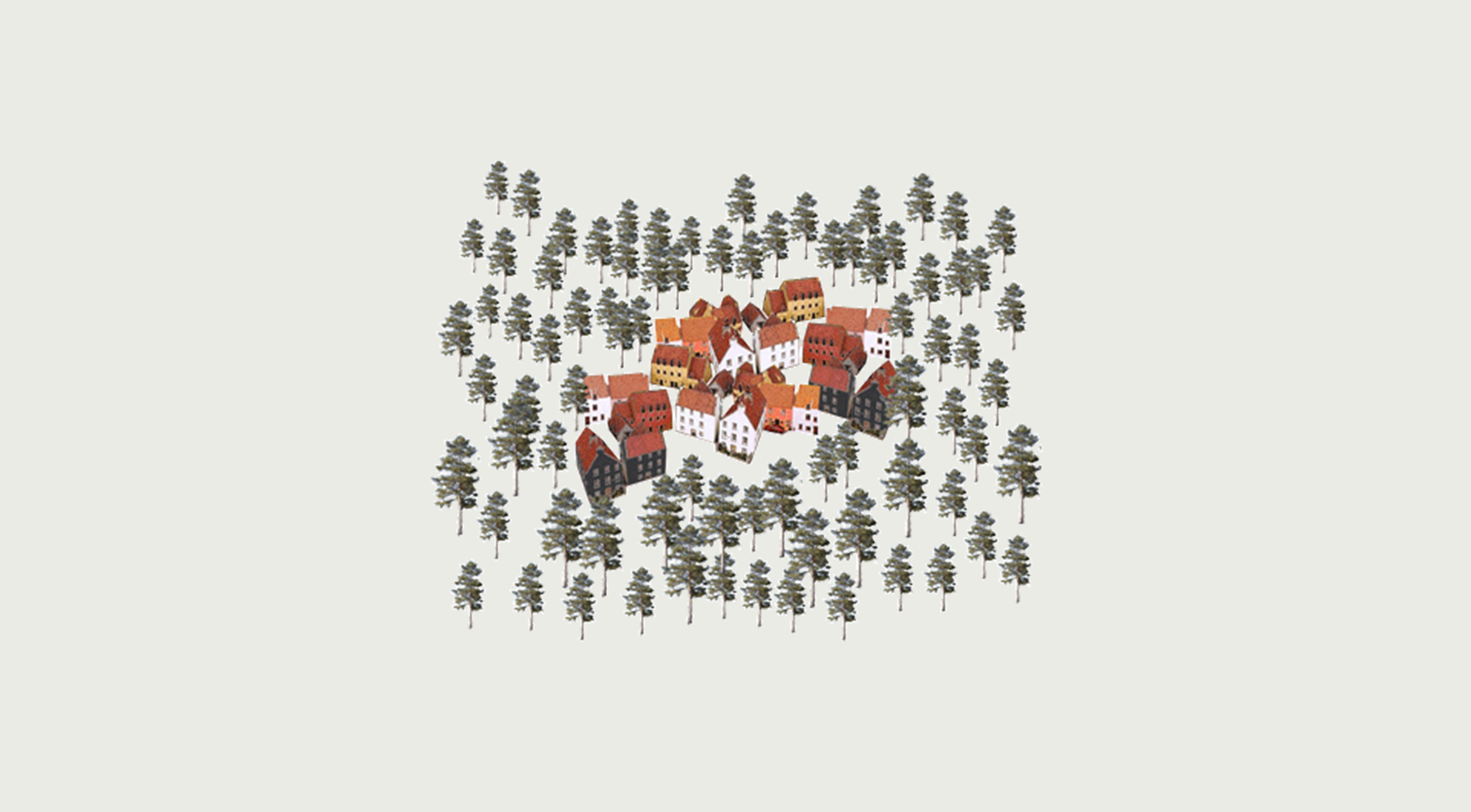 illustration of houses sheltered by trees, An Camas Mor